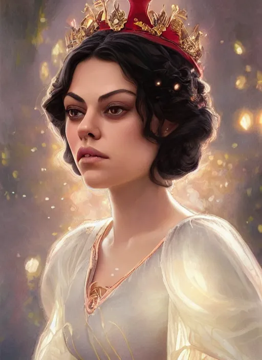 Prompt: beautiful young mila kunis as snow white princess disney, closeup, d & d, fantasy, intricate, elegant, highly detailed, digital painting, artstation, concept art, matte, sharp focus, illustration, art by artgerm and greg rutkowski and alphonse mucha