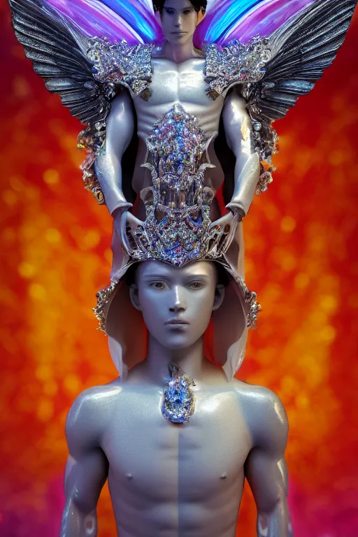 Prompt: hyper detailed ultra sharp fullbody photo of baroque and bladerunner delicate glowing sapphire sculpture of a muscular seductive young spanish king feeling highly aroused, iridescent humanoid deity wearing black cloak holding a rainbow gem, blue diamond, silver metallic sphinx, i glowing pink face, crown of white diamonds, cinematic lighting, photorealistic, octane render 8 k depth of field 3 d