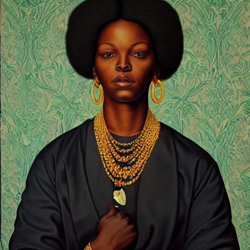 Image similar to A portrait of a thin trendy and gorgeous non-binary person, dark black skin tone, oil painting by Kehinde Wiley, majestic, detailed, high resolution