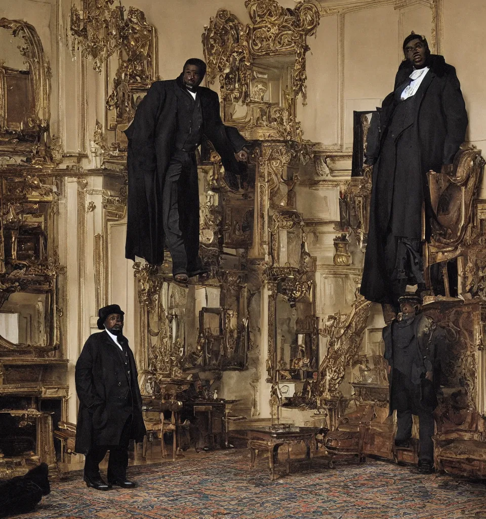 Prompt: a single large black man wearing an overcoat and knee-length black boots stands in the living room of a beautiful ornate baroque English mansion, adebanji alade, lawrence alma-tadema, george goodwin kilburne