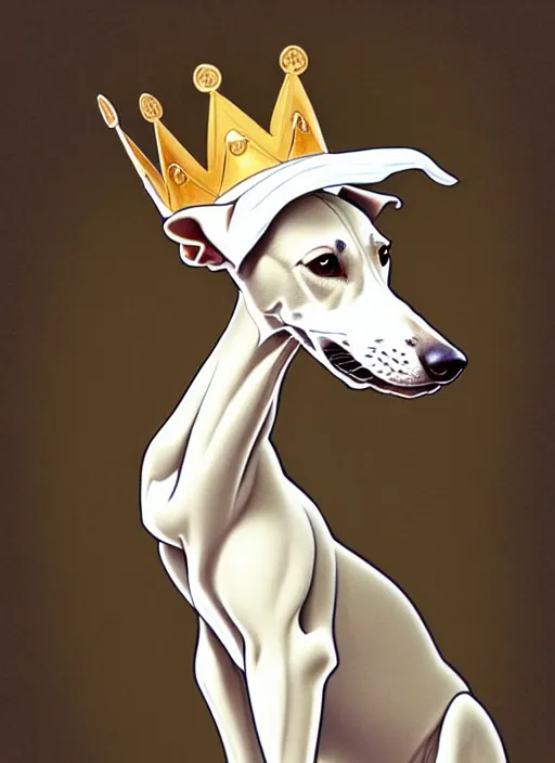 Image similar to cute white brown greyhound wearing paper crown, natural lighting, path traced, highly detailed, high quality, digital painting, by don bluth and ross tran and studio ghibli and alphonse mucha, artgerm