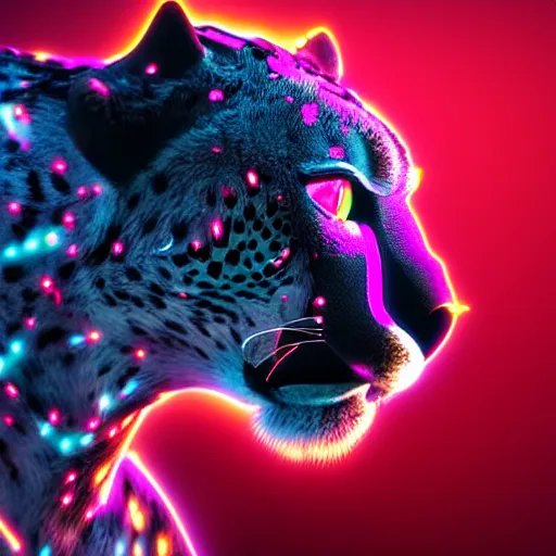 Image similar to profile shot of a neon cybernetic cheetah, city lights, strong bokeh, dramatic, cinematic, high contrast, artstation, octane render, 4k