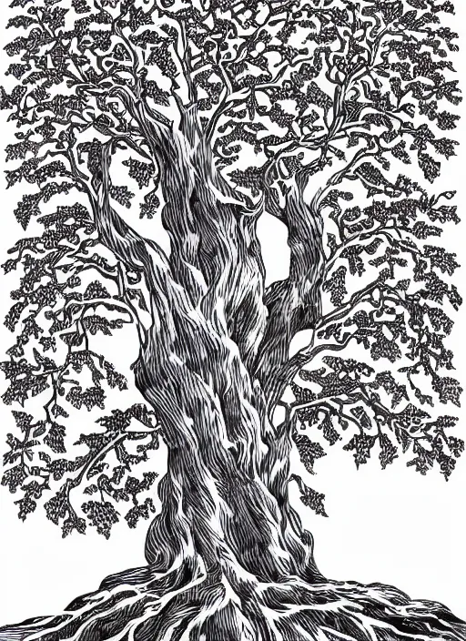 Image similar to gnarled tree of life on white background with white space around the tree, art by james o barr and albrecht durer, woodblock print, engraved, black and white, vector, vector art