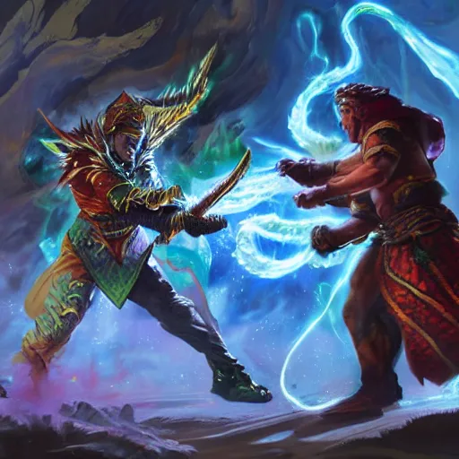 Image similar to A highly detailed oil painting concept art of a sorcerer casting an acid splash spell against a fighter wielding a greatsword, highly detailed concept art.