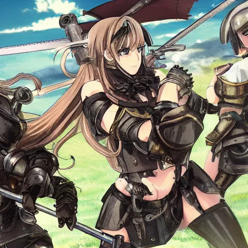 Image similar to anime women in knight armor fighting with swords on aa battlefield