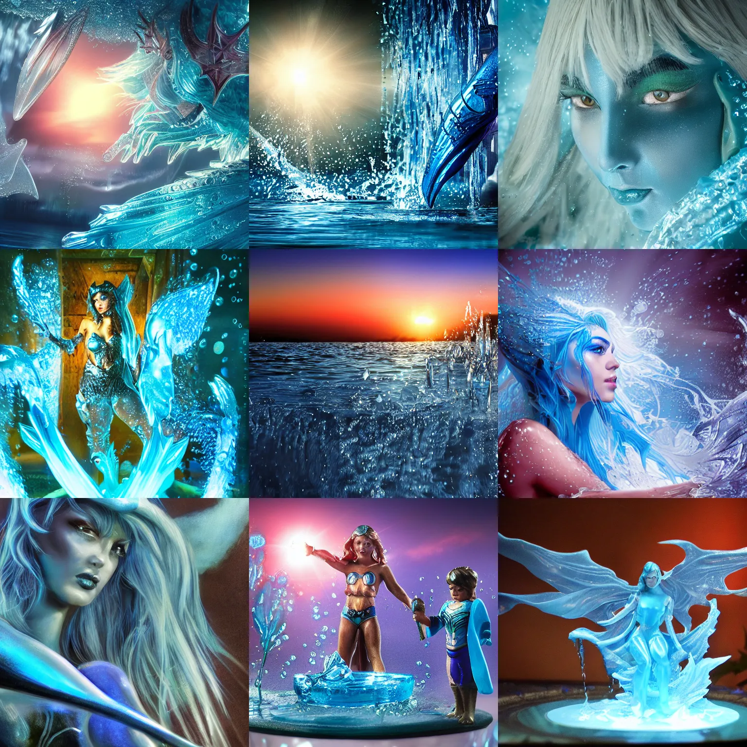 Prompt: closeup fantasy with water magic, at gentle dawn blue light, dc comics