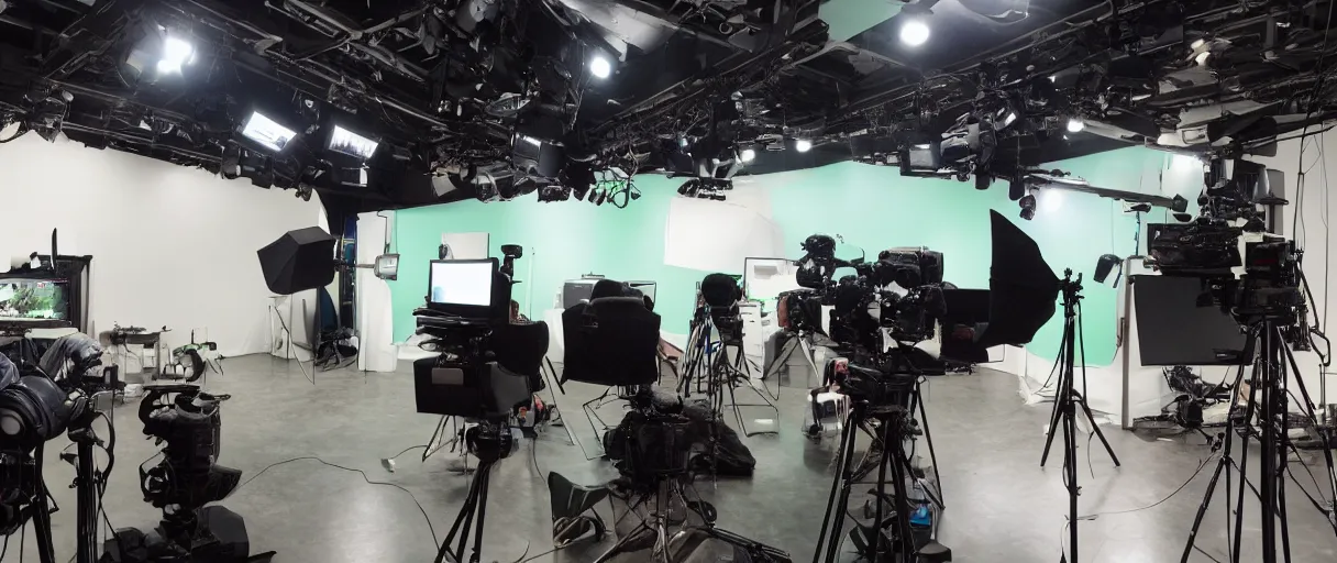 Image similar to photo of a movie set, green screen in the back, cameras and camera operators in the front, studio, movie set, realistic, studio lighting