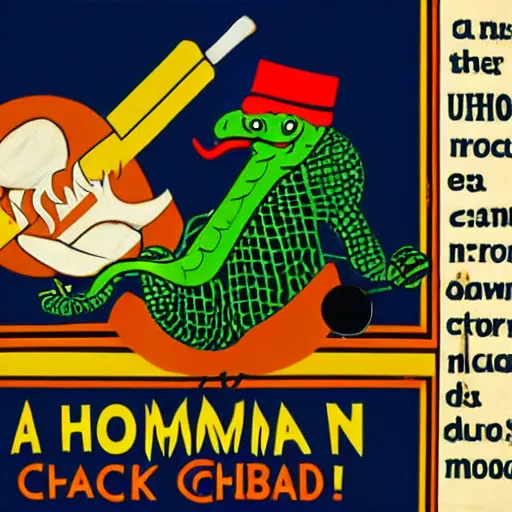 Image similar to a poster featuring a humanoid crocodile smoking a cigar, a hawk with a black cross shaped sword