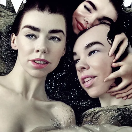 Image similar to stunning vogue magazine photo of dark - haired goddesses vanessa kirby, hailee steinfeld, and bjork smiling, legs intertwined, laying back on the bed, with wet faces!!, wet lips, smooth skin, perfect eyes, insanely detailed, elegant, by wlop, rutkowski, livia prima, mucha, wlop,