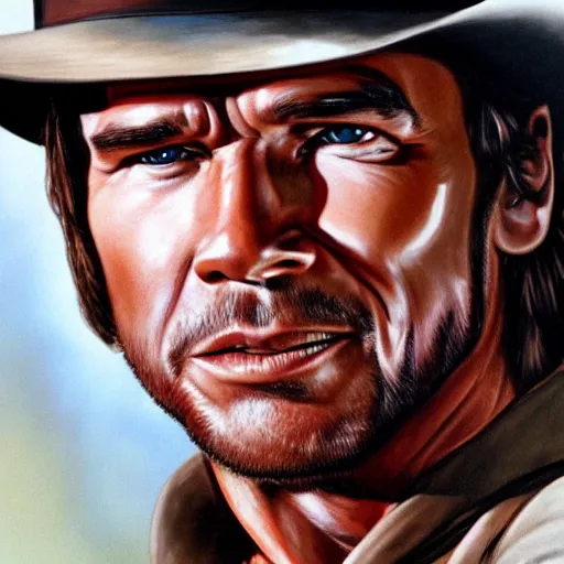 Prompt: Arnold Schwarzenegger as Indiana Jones, portrait, detailed