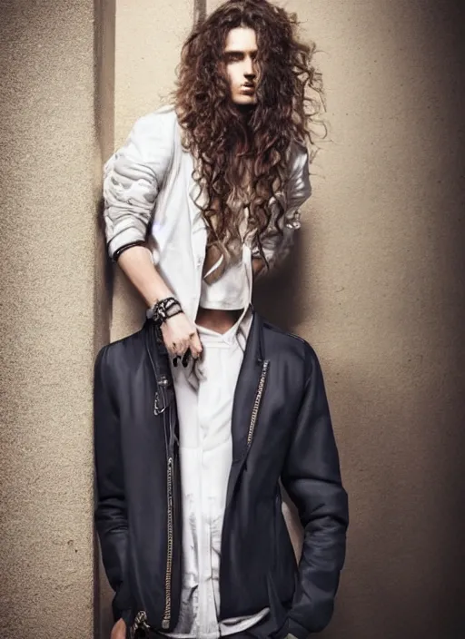 Image similar to a male model in designer clothes ; long curly hair ; pretty face ; high fashion ; editorial look ; unreal engine