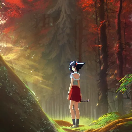 Image similar to realistic render of princess mononoke by ross draws, forest background by ilya kuvshinov, digital anime art by ross tran, composition by sana takeda, lighting by greg rutkowski