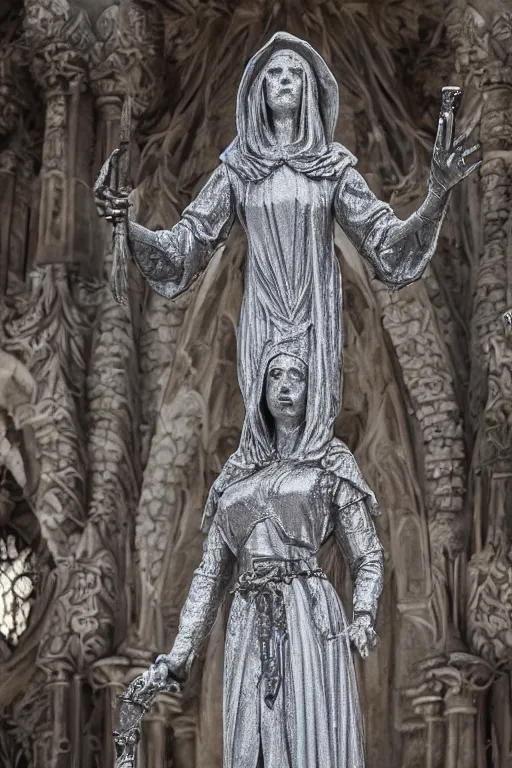 Image similar to a cinematic view of a ornated intricate gothic sacred statue of medieval maiden wizard made in light concrete, with few ornaments in shiny polished chrome, sculpted by hedi xandt and gaudi