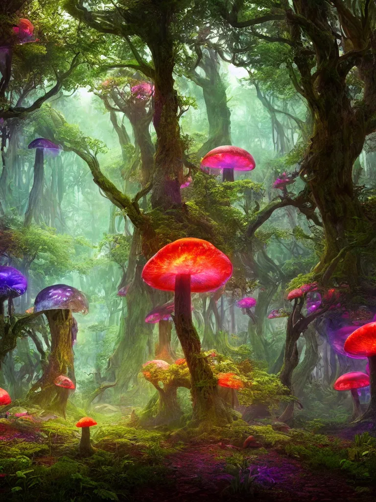 Image similar to a beautiful otherworldly fantasy landscape of a hidden forest with colorful mystical plants and huge psychedelic mushrooms as the trees, rendering, cryengine, vray render, cinema 4 d, cgsociety, bioluminescent