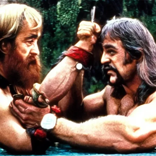 Image similar to zardoz arm wrestling rambo in heaven