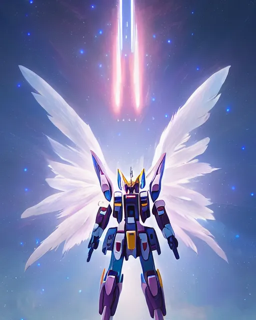 Image similar to highly detailed vfx portrait of an angelic gundam with wings of feathers beam saber fighting in space with a beam gun, unreal engine, greg rutkowski, loish, rhads, beeple, makoto shinkai and lois van baarle, ilya kuvshinov, rossdraws, tom bagshaw, alphonse mucha, global illumination, detailed and intricate environment