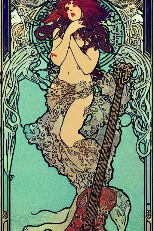 Image similar to illustration of a mermaid playing an electric guitar, Art Nouveau by Mucha