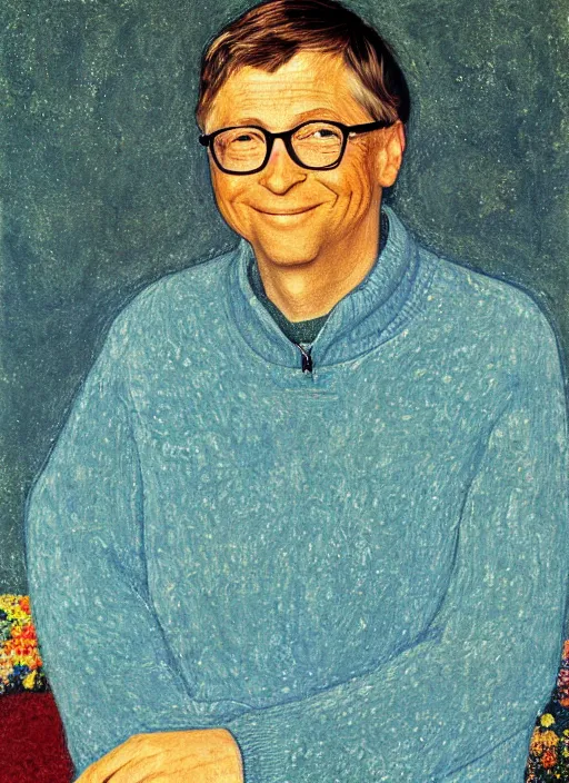 Image similar to bill gates, patron saint of health, gustave klimt,