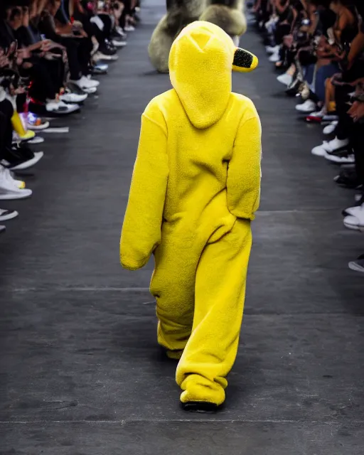 Prompt: hyperrealistic and heavy detailed 2321s Yeezy runway show of Pikachu , Leica SL2 50mm, vivid color, high quality, high textured