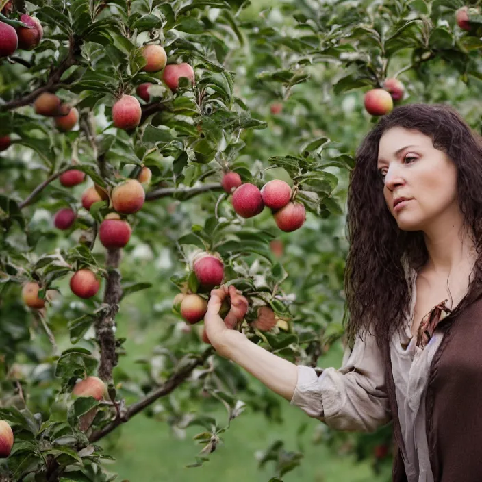 Image similar to a closeup portrait of a woman wearing spiderwebs, picking apples from a tree in an orchard, foggy, moody, photograph, by vincent desiderio, canon eos c 3 0 0, ƒ 1. 8, 3 5 mm, 8 k, medium - format print