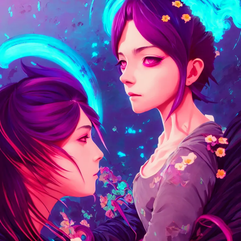 Prompt: side profile macro portrait, cute modern gothic anime girl with synthwave flower background, gloomhaven, colorful swirly retrowave style fantasy portrait, by lois van baarle, sachin teng, greg rutkowski, jesper ejsing, ilya kuvshinov, extremely detailed 4 k,