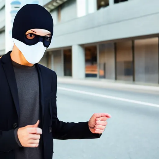 Prompt: a hacker walking into an interview wearing a ski mask.