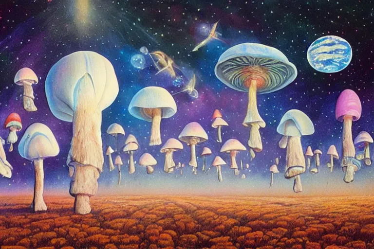 Image similar to how magic mushrooms can take us to the farthest reaches of innerspace, painting by james gurney