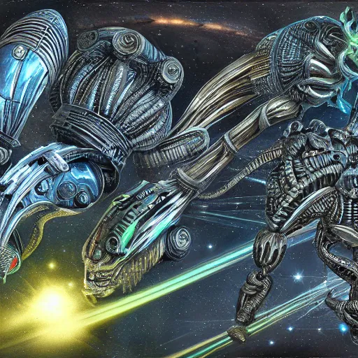 Image similar to intricate, detailed alien space battle, in the style of mark cooper, 8 k, hyper detailed, hdr,