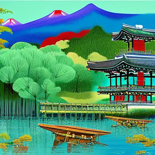 Prompt: japanese landscape, temple, mountains in distance, lake with japanese creatures in front, digital art, high quality, looks like painting from pablo picasso