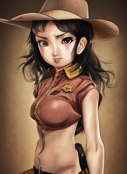 Prompt: a portrait one person, complexity, global lighting, detail, ultra sharpness, beautiful female sheriff body from games yoshihiro togashi style, big eyes, plump lips, a gunshot, global lighting, western saloon theme, detailed faces, blank faces, style by huyy nguyen,