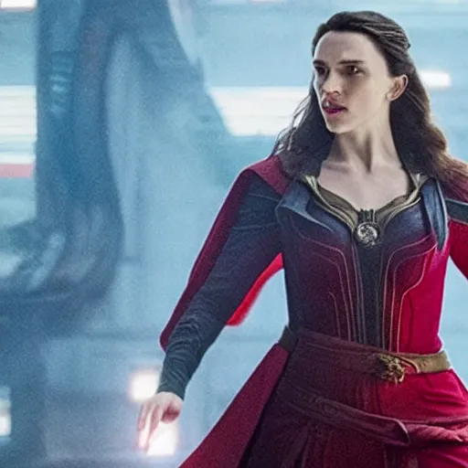 Prompt: A still of Katie McGrath as Scarlet Witch in Doctor Strange and the Multiverse of Madness (2022)