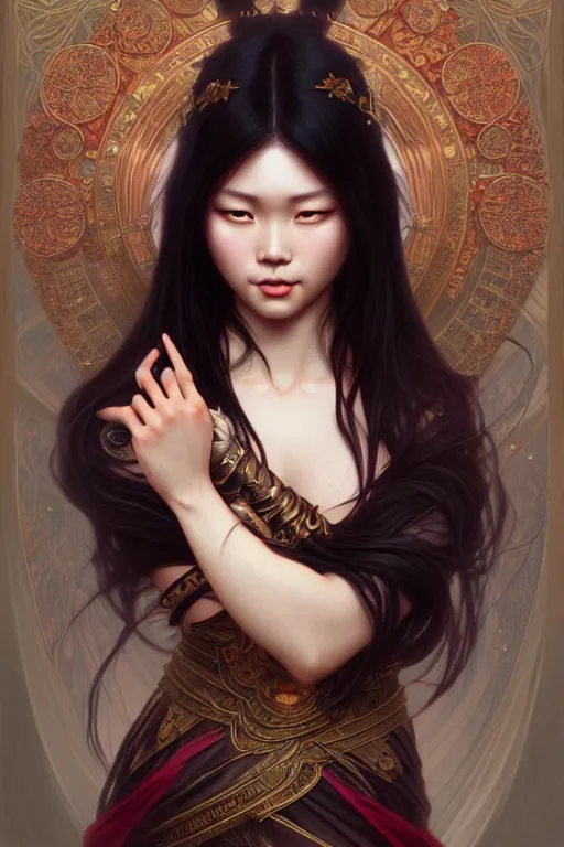 Image similar to asian, dark fantasy, intricate, elegant, highly detailed, digital painting, artstation, concept art, matte, sharp focus, illustration, art by artgerm and alphonse mucha