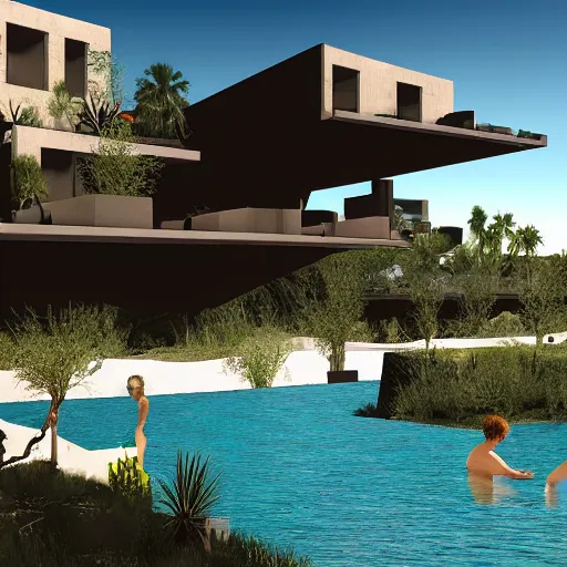 Image similar to architectural rendering of habitat 6 7 in the desert, biophilia mood, pool, garden, highly detailed, cinematic,