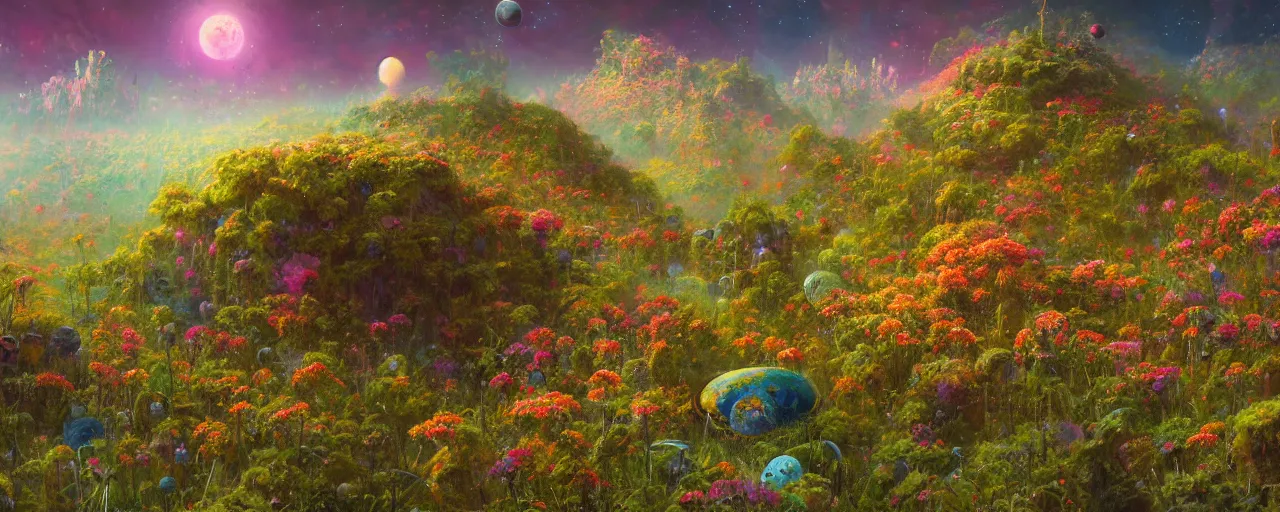 Image similar to ” outer planet overgrown with wild flowers, [ art by paul lehr, cinematic, detailed, epic, widescreen, opening, establishing, mattepainting, photorealistic, realistic textures, octane render ] ”