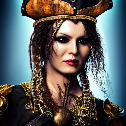 Prompt: photo of beautiful pirate queen with ornate armour, highly detailed, 4k, HDR, award-winning photo