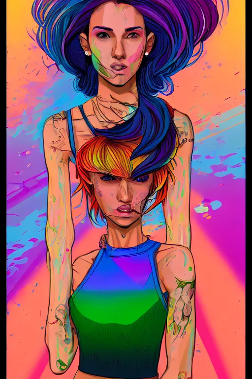 Image similar to a award winning half body portrait of a beautiful woman with stunning eyes in a printed croptop and cargo pants with rainbow colored ombre hairstyle head in motion and hair flying by josan gonzales, outrun, vaporware, shaded flat illustration, digital art, trending on artstation, highly detailed, fine detail, intricate