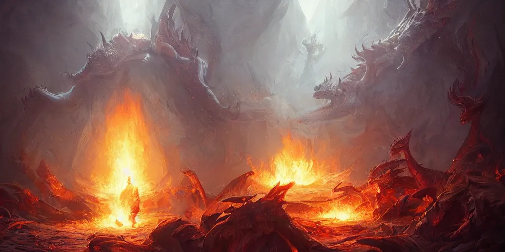 Image similar to dreams of a Christian met with fire and flames, plus some dragons, Greg Rutkowski, psychedelic trippy art