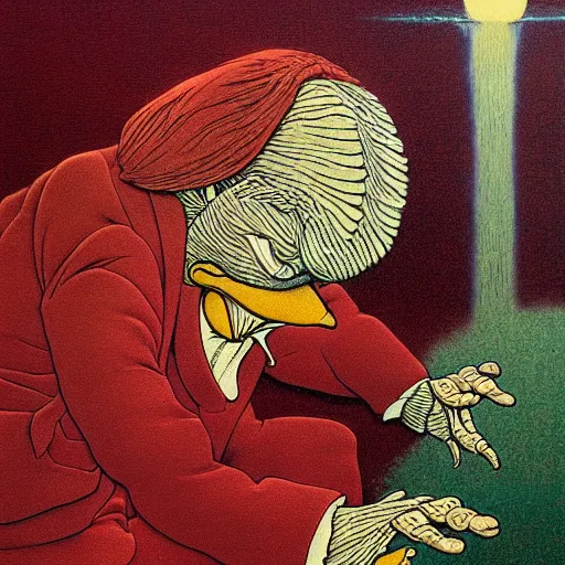 Image similar to realistic detailed image photo of Scrooge McDuck, rich deep colors. Beksinski painting, art by Takato Yamamoto. masterpiece.