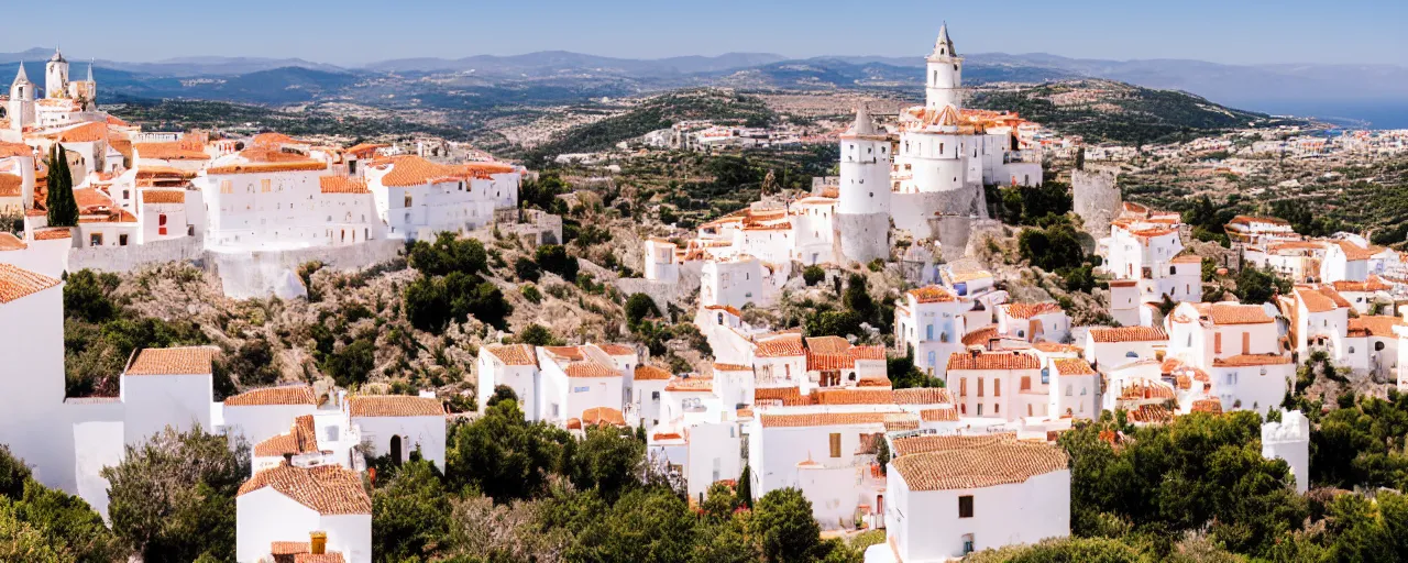 Image similar to 35mm photo of the Spanish castle of Salobrena on the top of a large rocky hill overlooking a white Mediterranean town, white buildings with red roofs, small square white buildings, ocean and sky by June Sun