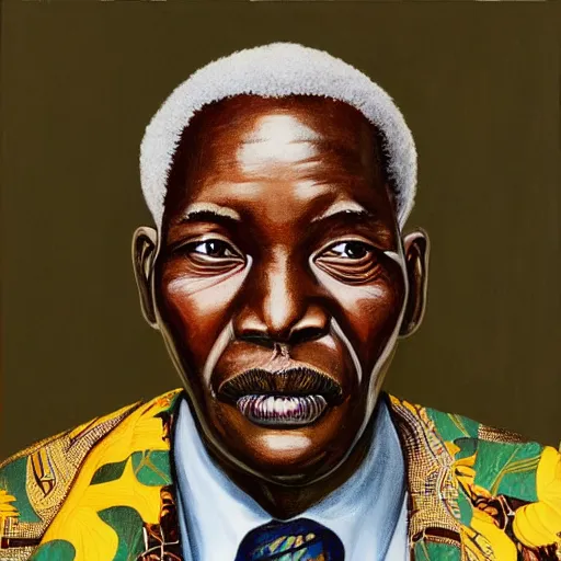 Prompt: a painting of a round face, XXL, happy, Loving, caring, generous, ever-present, humble, wise elder from Kenya in a suit by Kehinde Wiley . Fatherly/daddy, focused, loving, leader, relaxed,. ethereal lights, details, smooth, sharp focus, illustration, realistic, cinematic, artstation, award winning, rgb , unreal engine, octane render, cinematic light, macro, depth of field, blur, red light and clouds from the back, highly detailed epic cinematic concept art CG render made in Maya, Blender and Photoshop, octane render, excellent composition, dynamic dramatic cinematic lighting, aesthetic, very inspirational, arthouse.