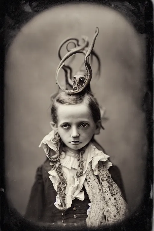 Prompt: wet plate photograph portrait of victorian octopus child with an octopus head, dressed in a victorian - era clothing, entire head is an octopus, dramatic lighting, highly detailed, smooth, sharp focus