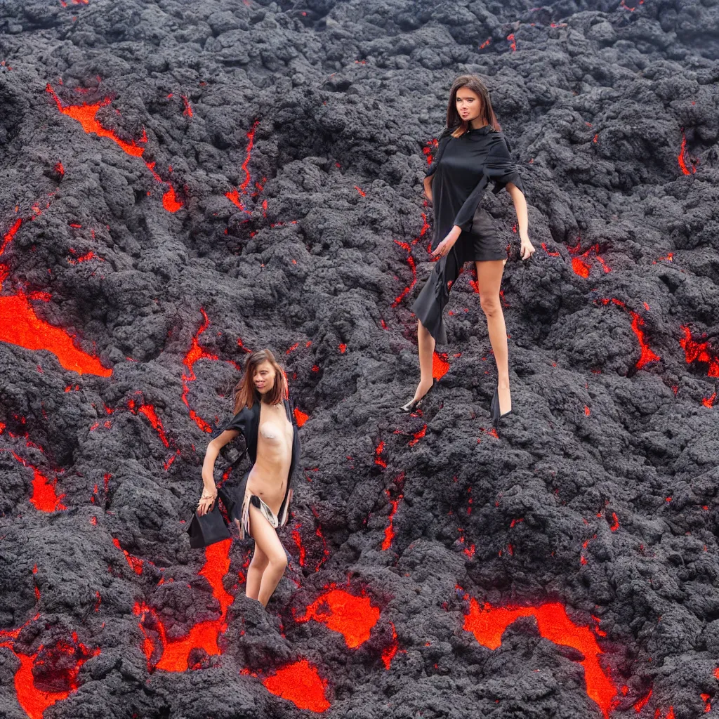 Image similar to fashion portrait in erupting volcano lava. wide angle shot. highly detailed.