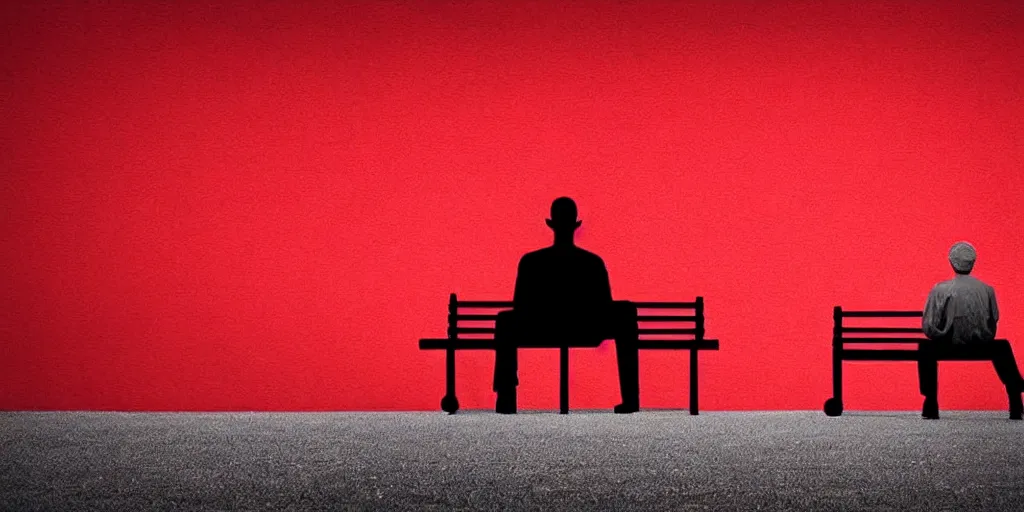 Prompt: minimalism a man sitting on a bench with a clock on the wall ticking and music notes in the background insanely quality, highly detailed, masterpiece, red light,