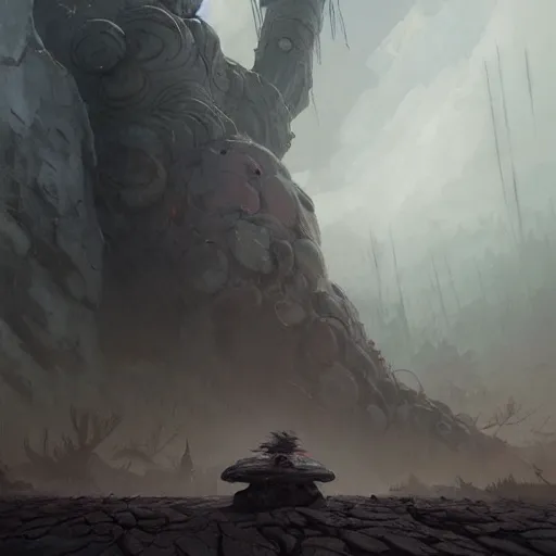 Prompt: stone humanoid colossus by grzegorz rutkowski and richard wright and peter mohrbacher and dan scott, atmospheric haze, stormy, forest, tiny woman in cloak in foreground silhouette, large scale