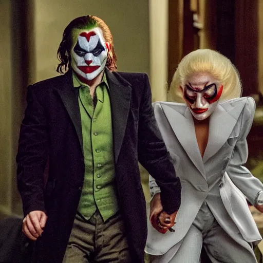 Prompt: ultra realistic stealth candid photograph from joaquin phoenix with lady gaga in new joker movie footage's, intricate details, face details, proportional body details, full medium shot.