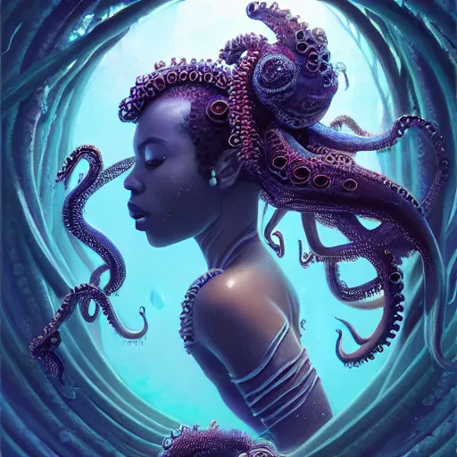 Prompt: a detailed wide angle portrait of the goddes yemoja using symbiotic octopus technology on her underwater throne, unreal engine, fantasy art by greg rutkowski, loish, rhads, ferdinand knab, makoto shinkai and lois van baarle, ilya kuvshinov, rossdraws, tom bagshaw, radiant light, detailed and intricate environment