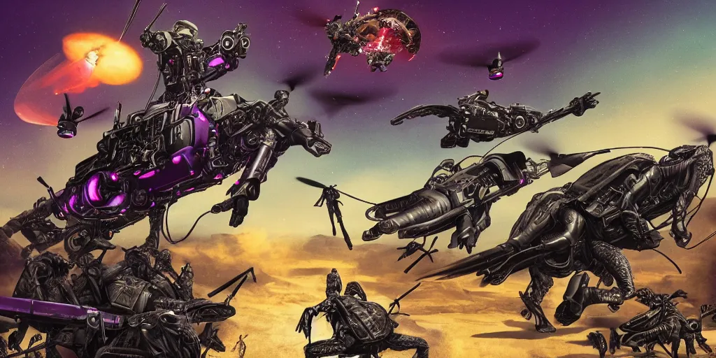 Prompt: neurotic depiction of a battle between horses riding drones and cybernetic, military cats on turtles, detailed shot, y 2 k aesthetic, dark purple background, bonestell, chesley, 4 k