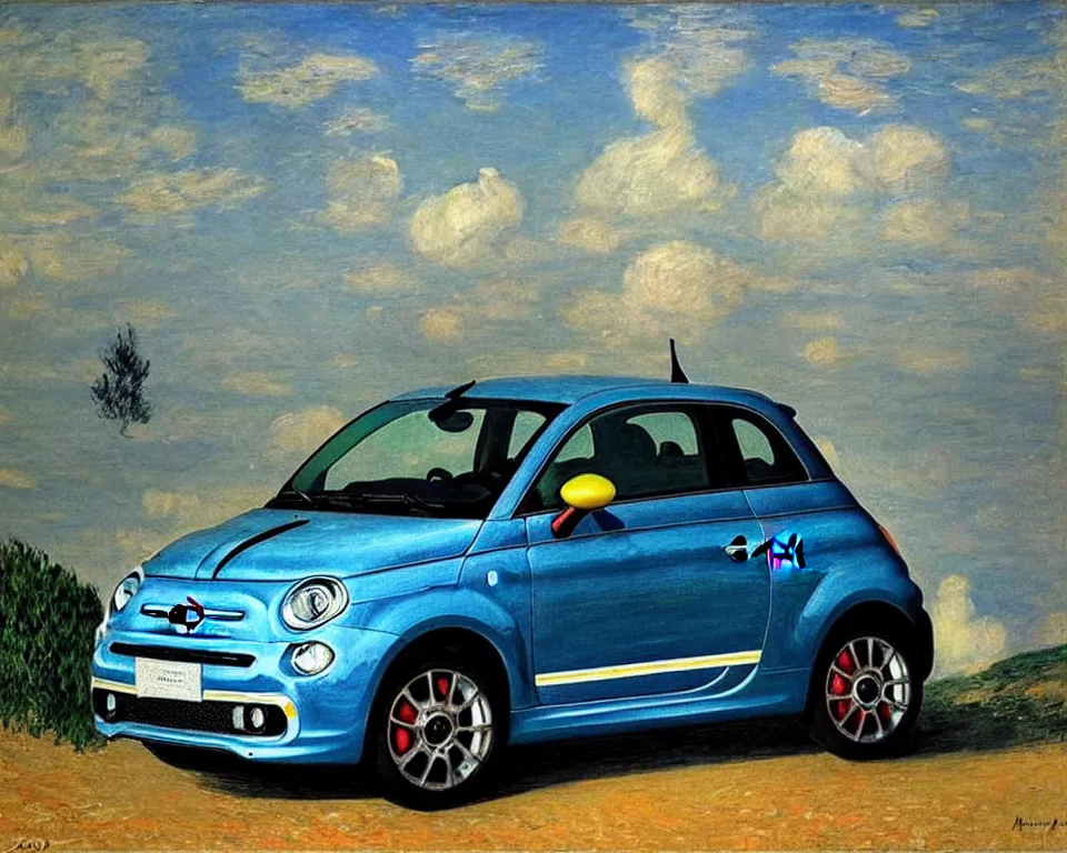 Image similar to achingly beautiful painting of a silver 2 0 1 3 fiat 5 0 0 abarth by rene magritte, monet, and turner.