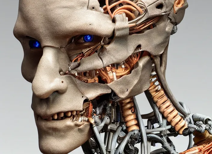 Image similar to a bust sculpture of anatomical detailed cyborg, blue blood ceramic base, studio lighting