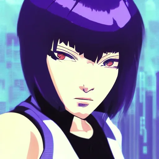 Image similar to “painted character portrait of Motoko Kusanagi in ghost in the shell, by Makoto Shinkai, detailed, digital art”